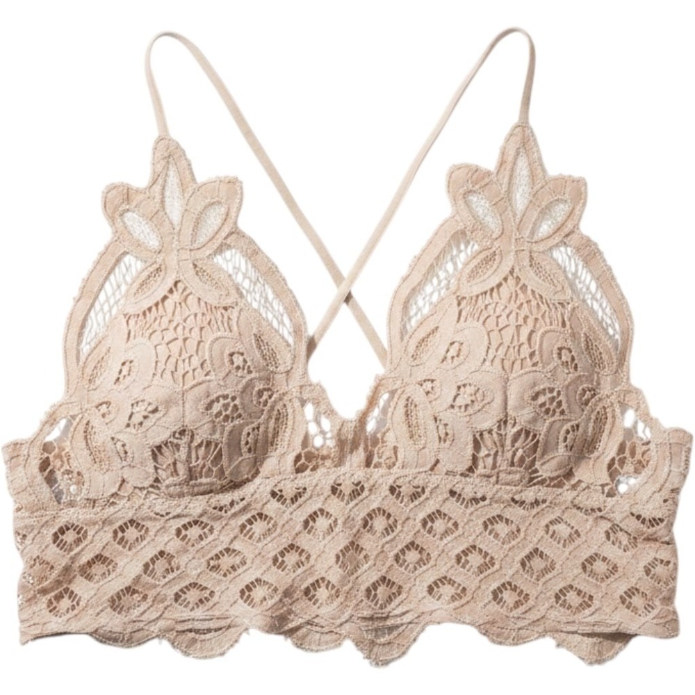 Floral Lace Bralette‎ Tan Nude Pickaboo Caged Back Longline Boho Wireless Bra M